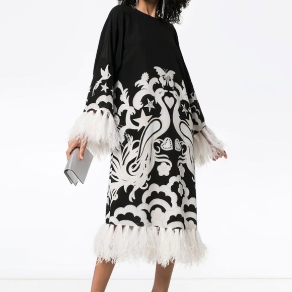 VALENTINO  Bird-print phoenix-trim crepe de chine dress - Picture 1 of 5